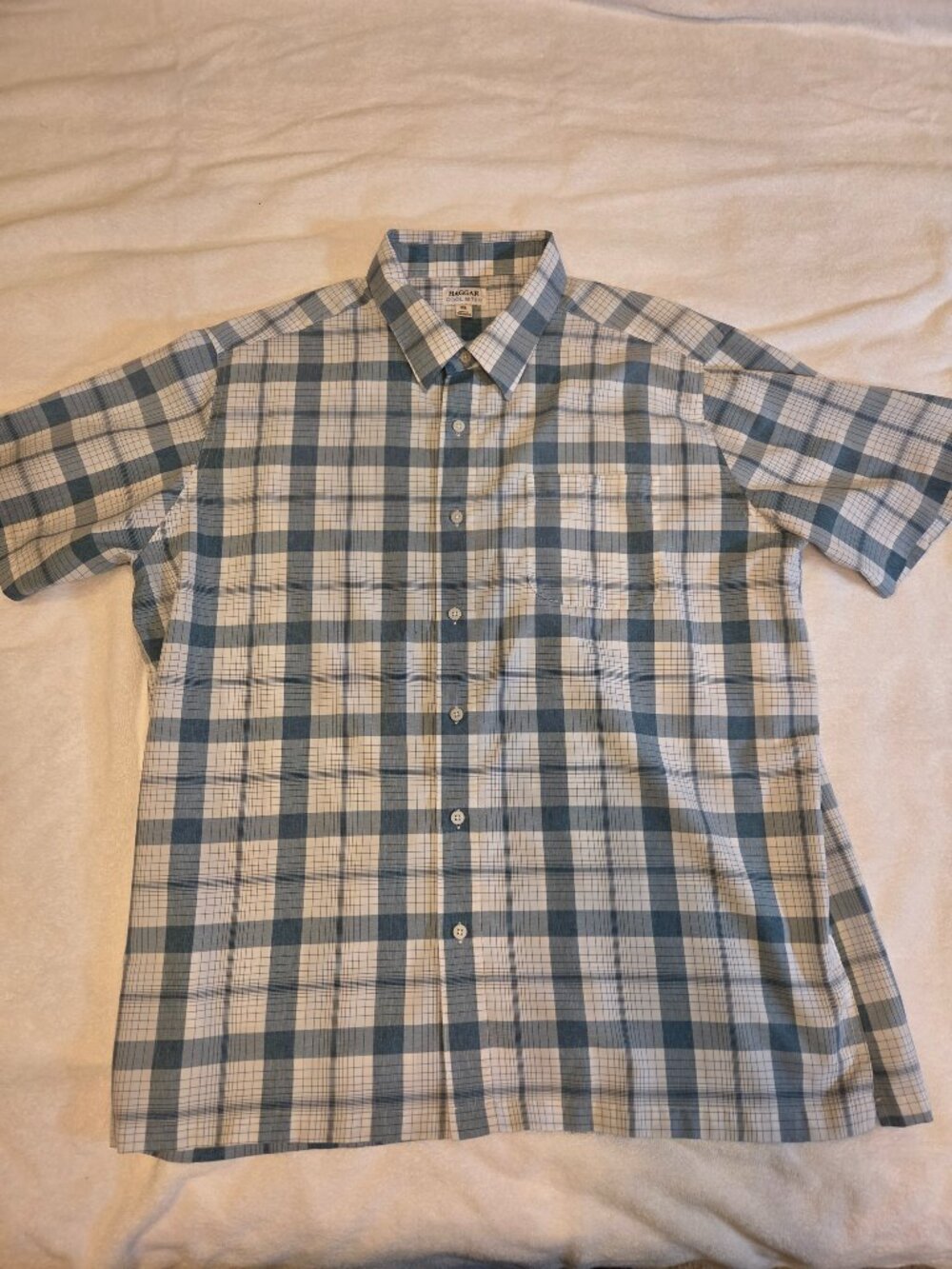 Haggar Cool 18 Tec Shirt Men's XXL Blue Plaid Short Sleeve Button Polyester
